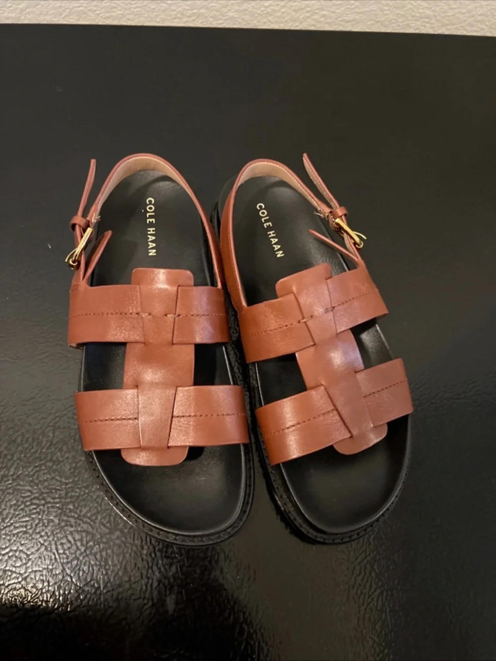 Cole Haan Women’s Chestnut Brown Leather Woven Strap Sandals - Picture 4 of 9